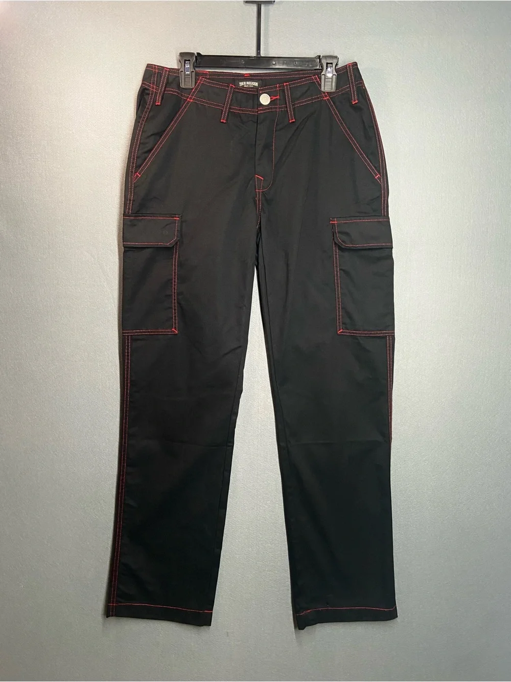 True Religion Black Cargo Pants with Red Contrast Stitching